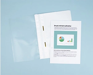 Open fastener folder with printed cover and inserted pages – organized document filing solution for office and school use