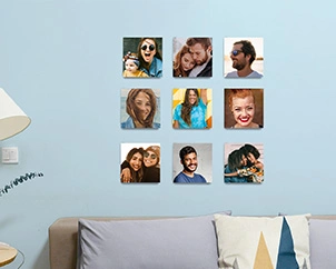 Nine square photos arranged in a large square above the sofa